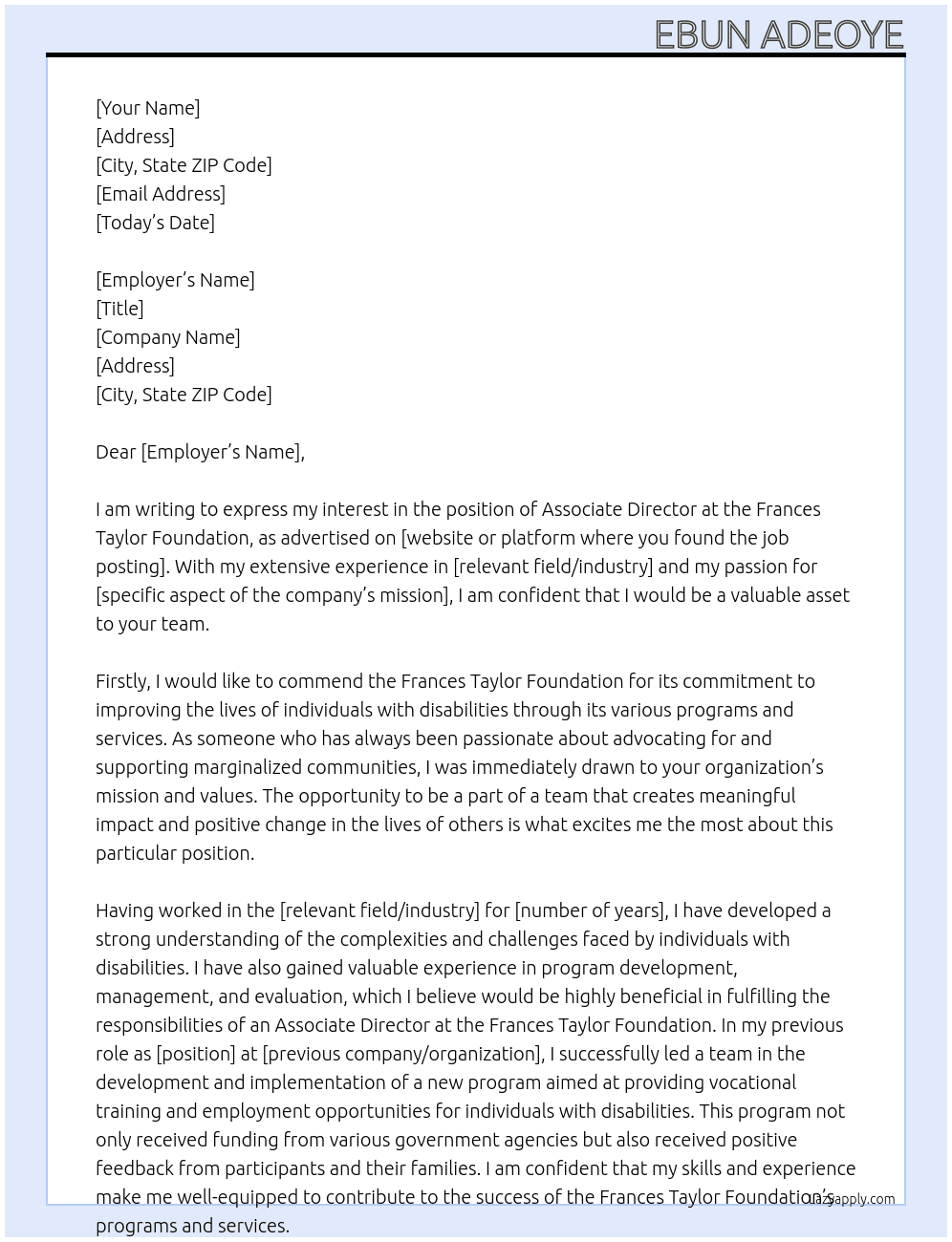 Associate Director At Frances Taylor Foundation Cover Letter
