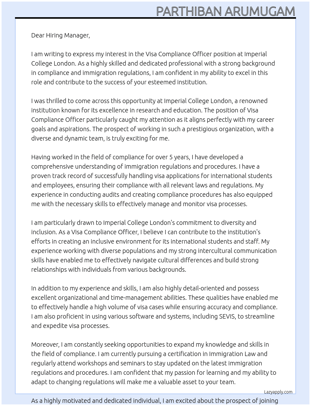 Visa Compliance Officer At Imperial College London Cover Letter