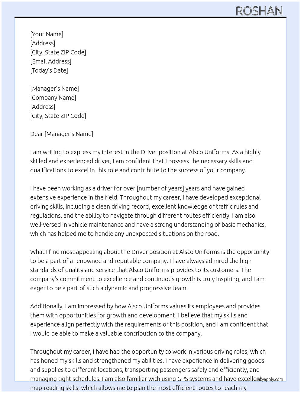 Driver At Alsco uniforms Cover Letter