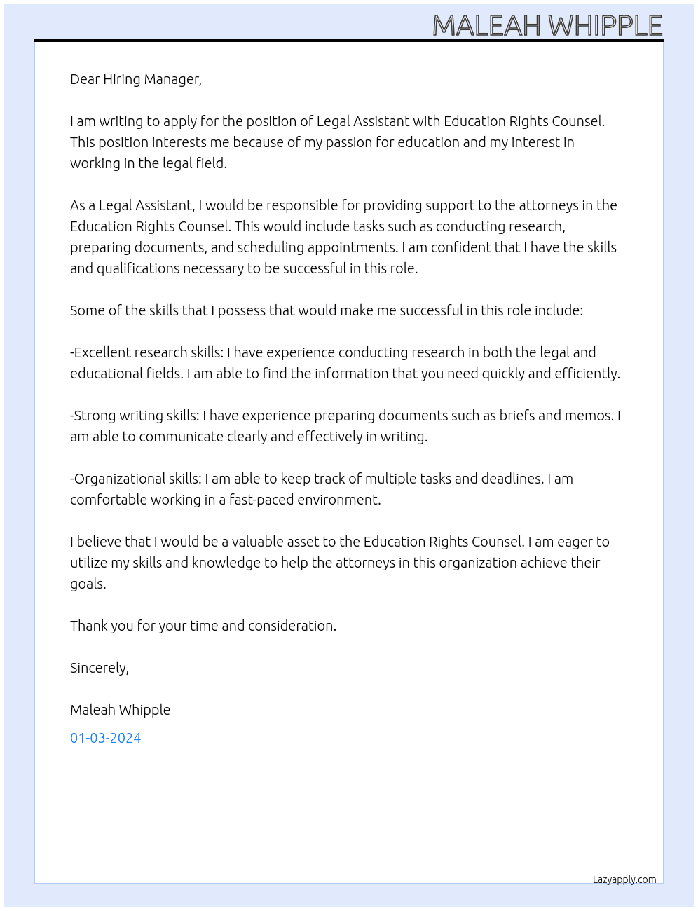 Legal Assistant At Education Rights Counsel Cover Letter