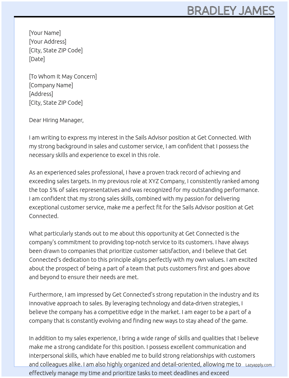 sails advisor At Get Conneccted Cover Letter