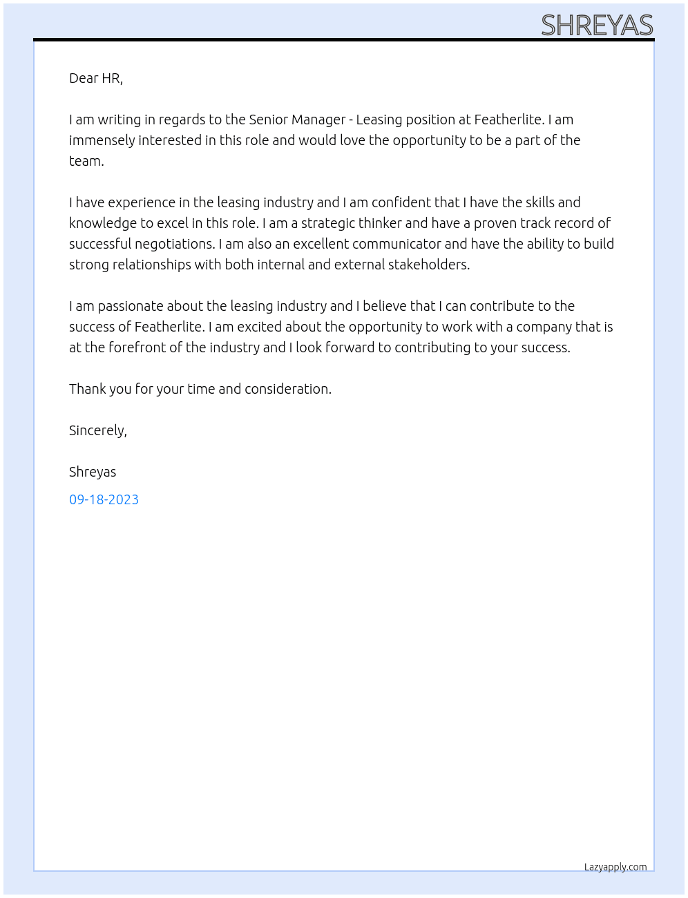 Senior Manager - Leasing At Featherlite Cover Letter