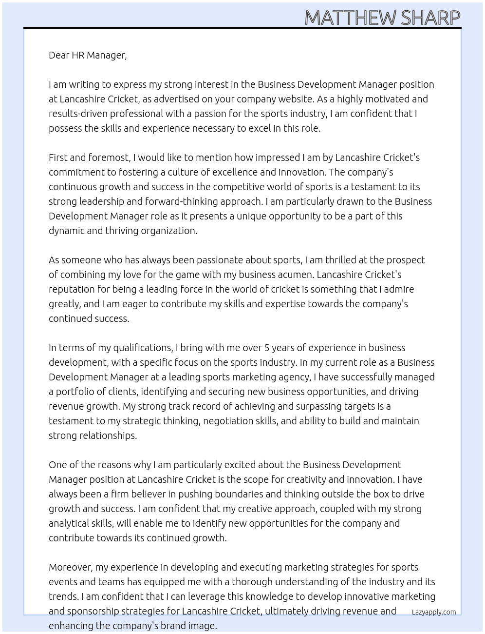 Business Development Manager At Lancashire Cricket Cover Letter
