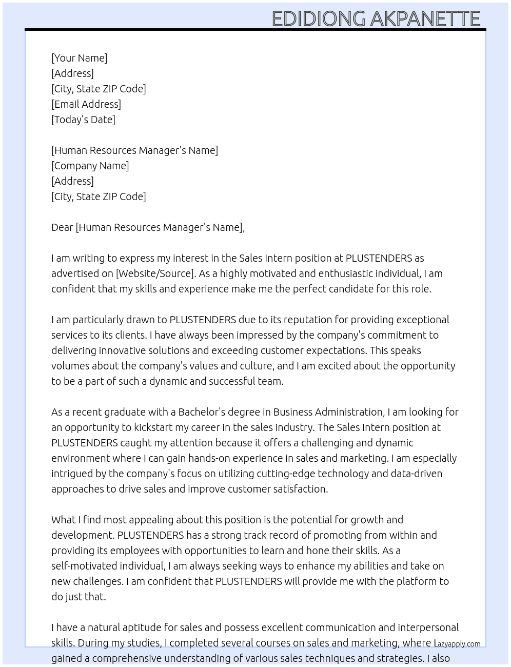Sales Intern At PLUSTENDERS Cover Letter