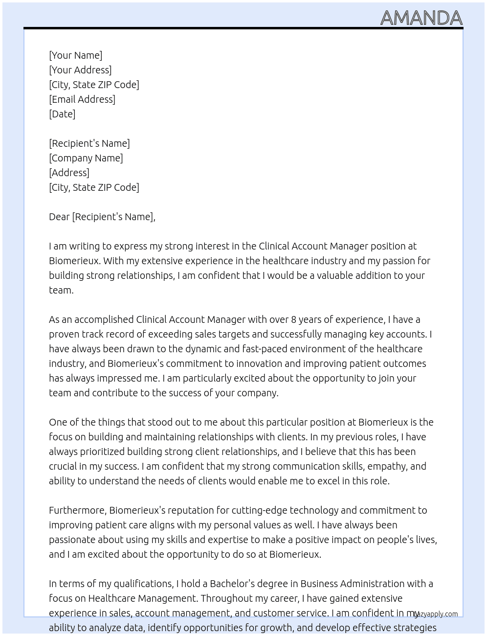 Clinical Account Manager At Biomerieux Cover Letter
