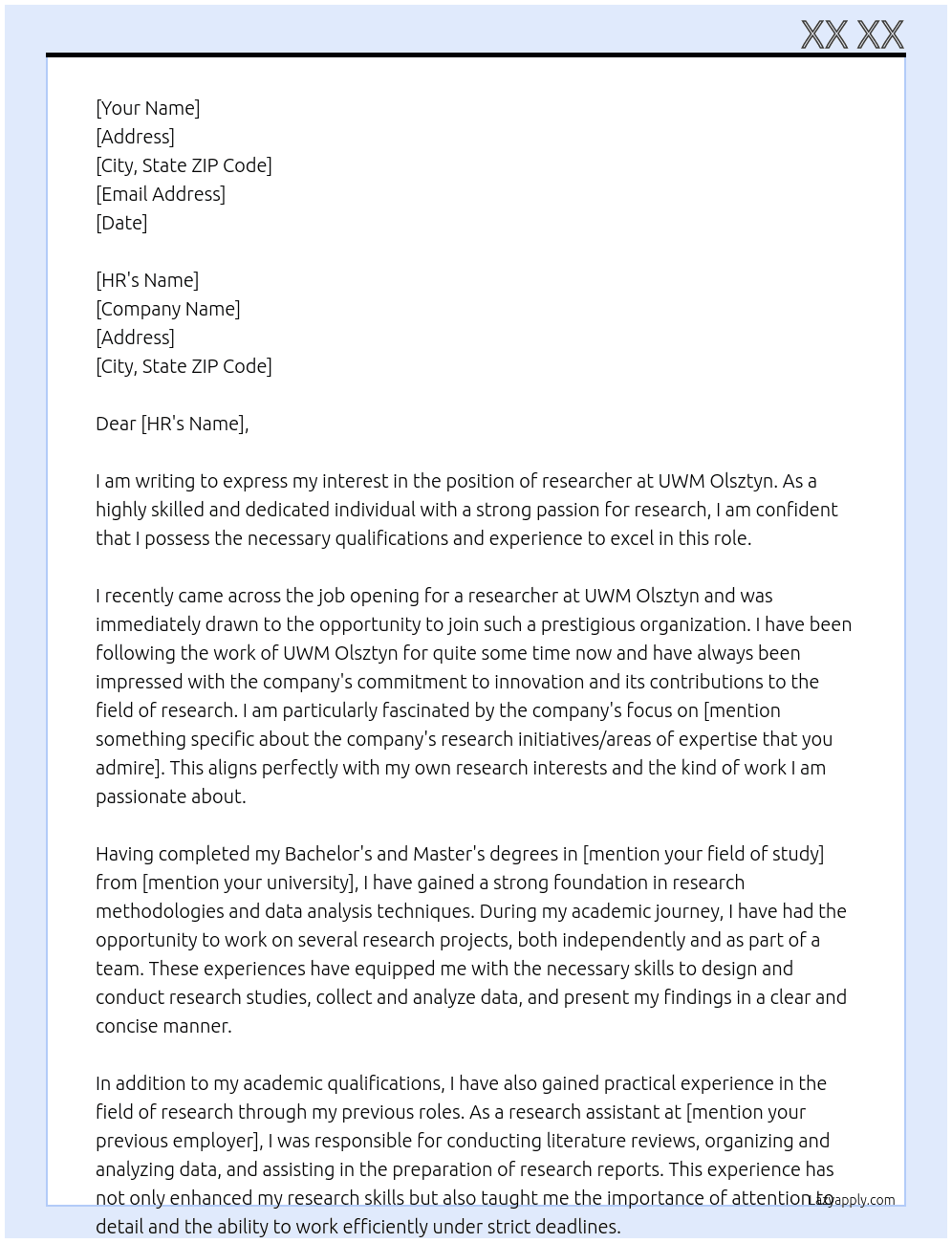 researcher At UWM Olsztyn Cover Letter