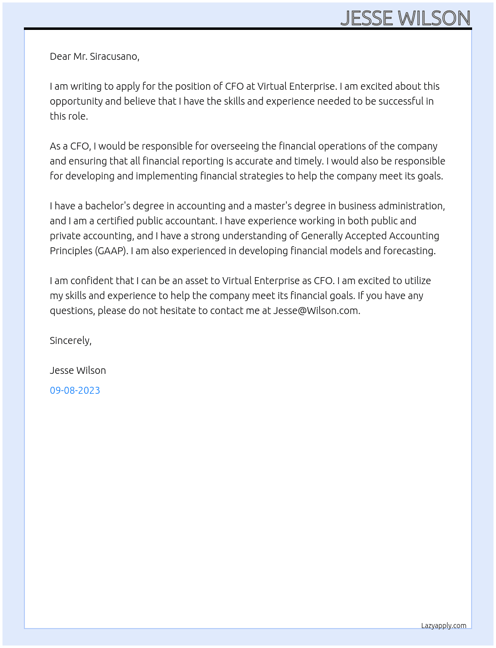 CFO At Virtual Enterprise Cover Letter