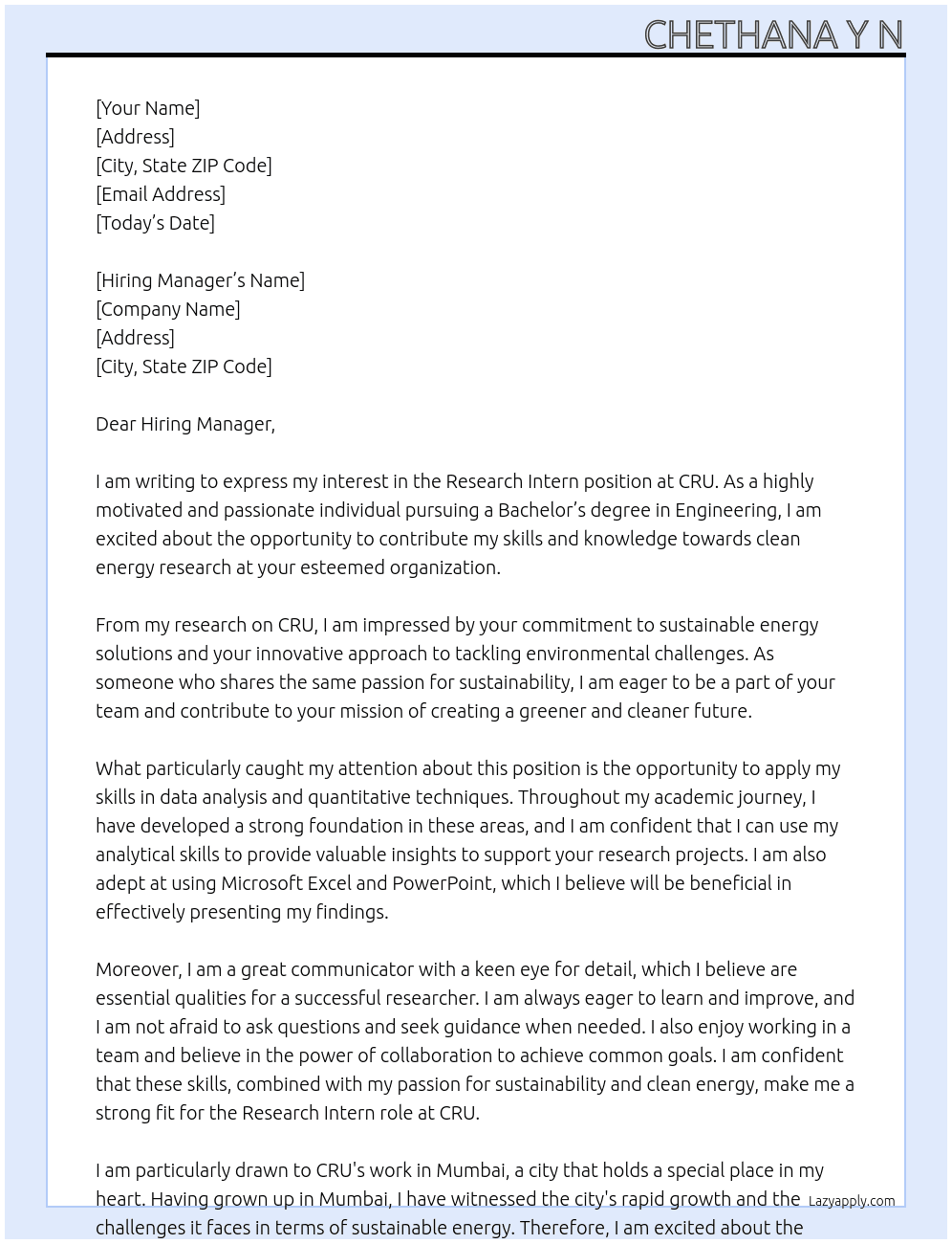 Research Intern At CRU Cover Letter