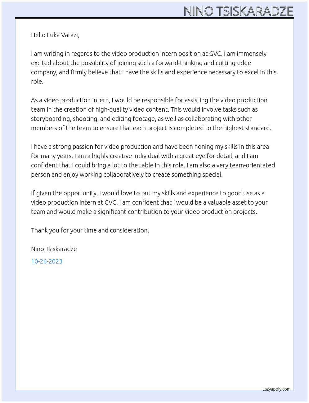 Video production intern At GVC Cover Letter