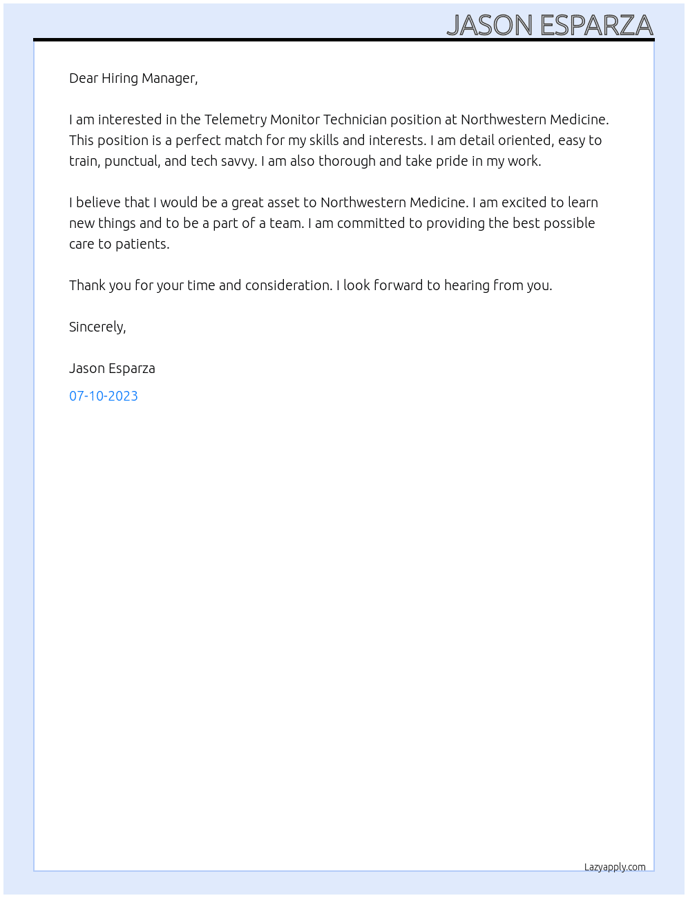 Telemetry Monitor Technician At Northwestern Medicine Cover Letter