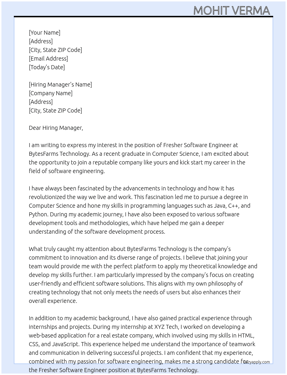 Fresher Software Engineer At BytesFarms Technology  Cover Letter