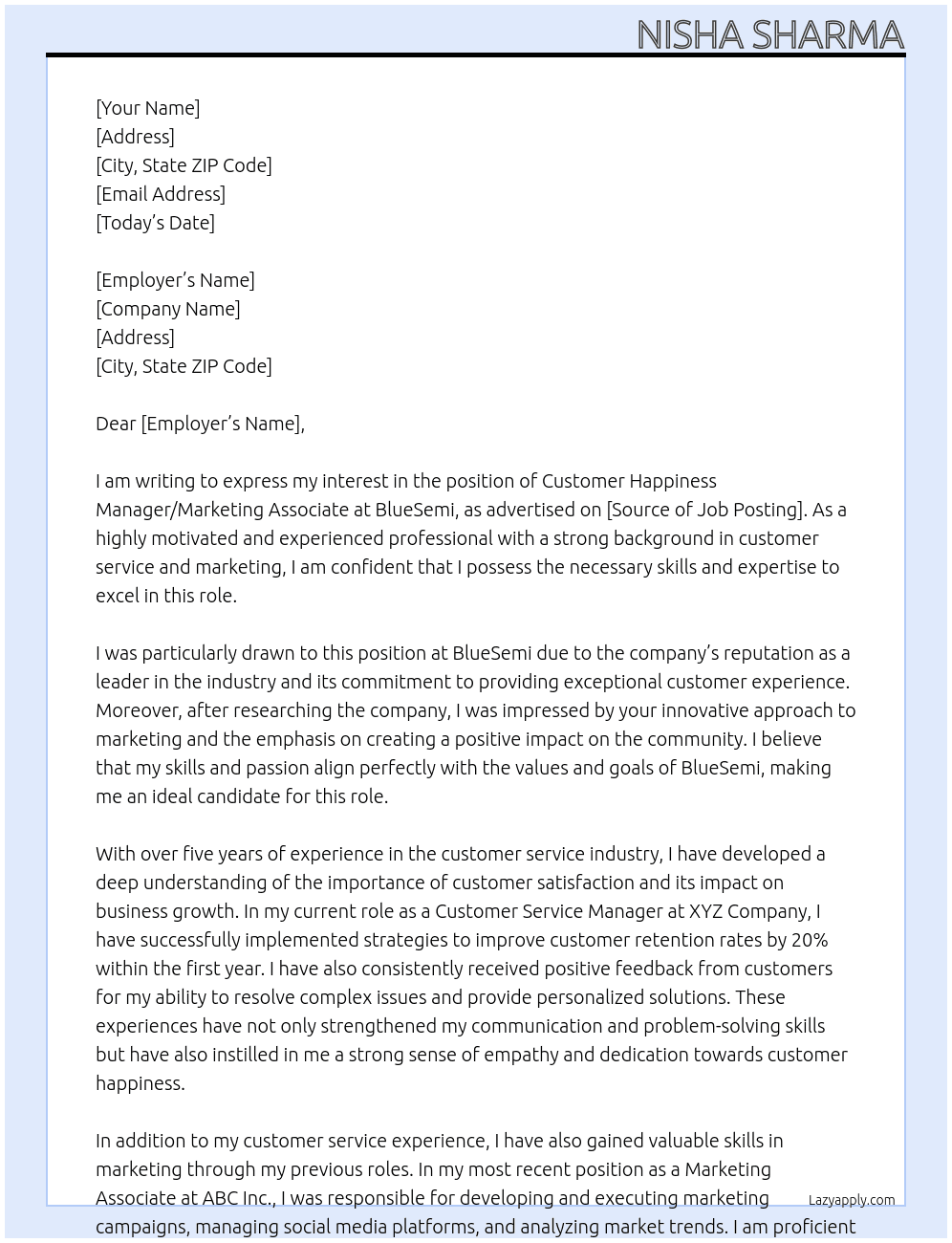 CUSTOMER HAPPINESS MANAGER/MARKETING ASSOCIATE At BlueSemi Cover Letter