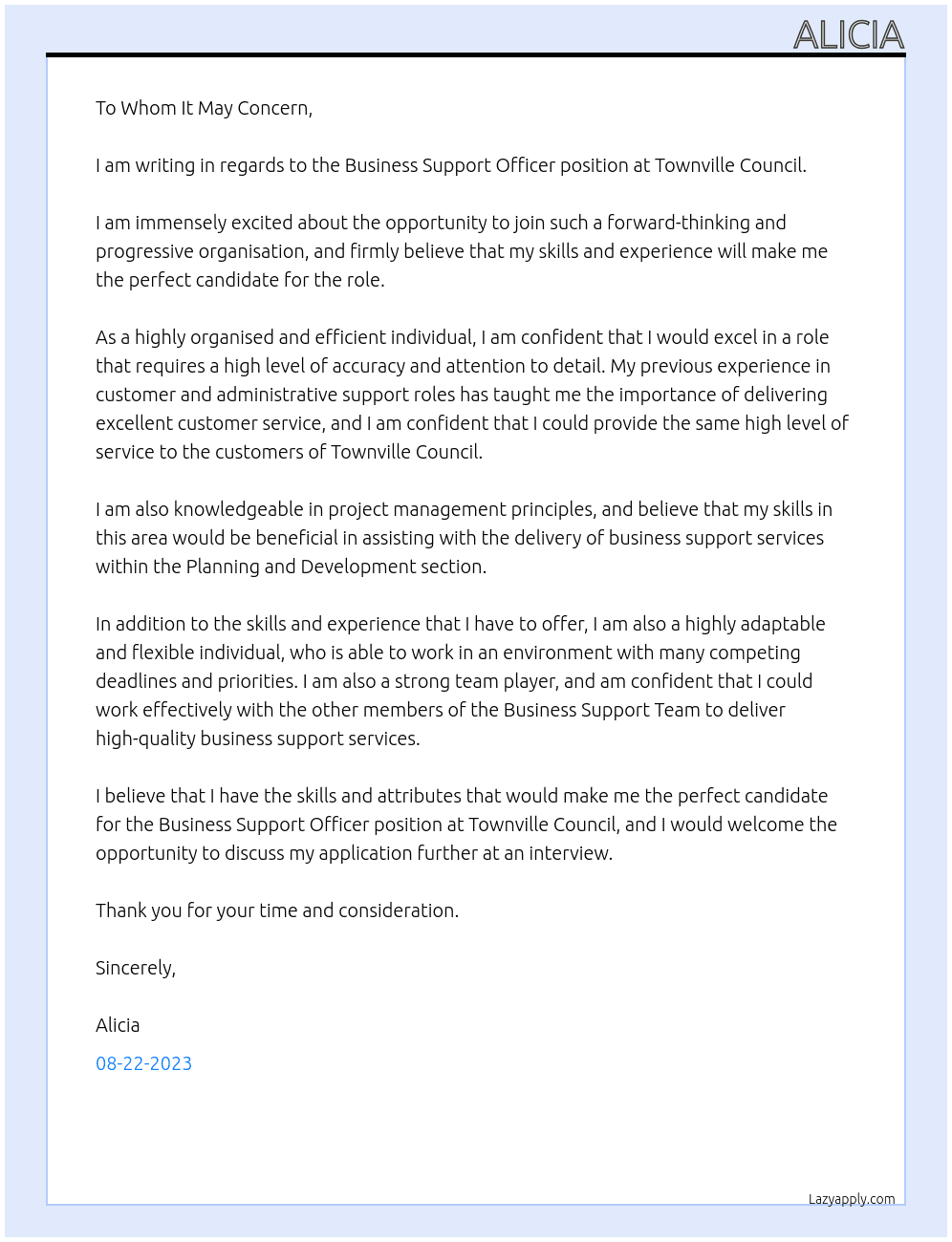 Business Support Officer At Townville Council Cover Letter