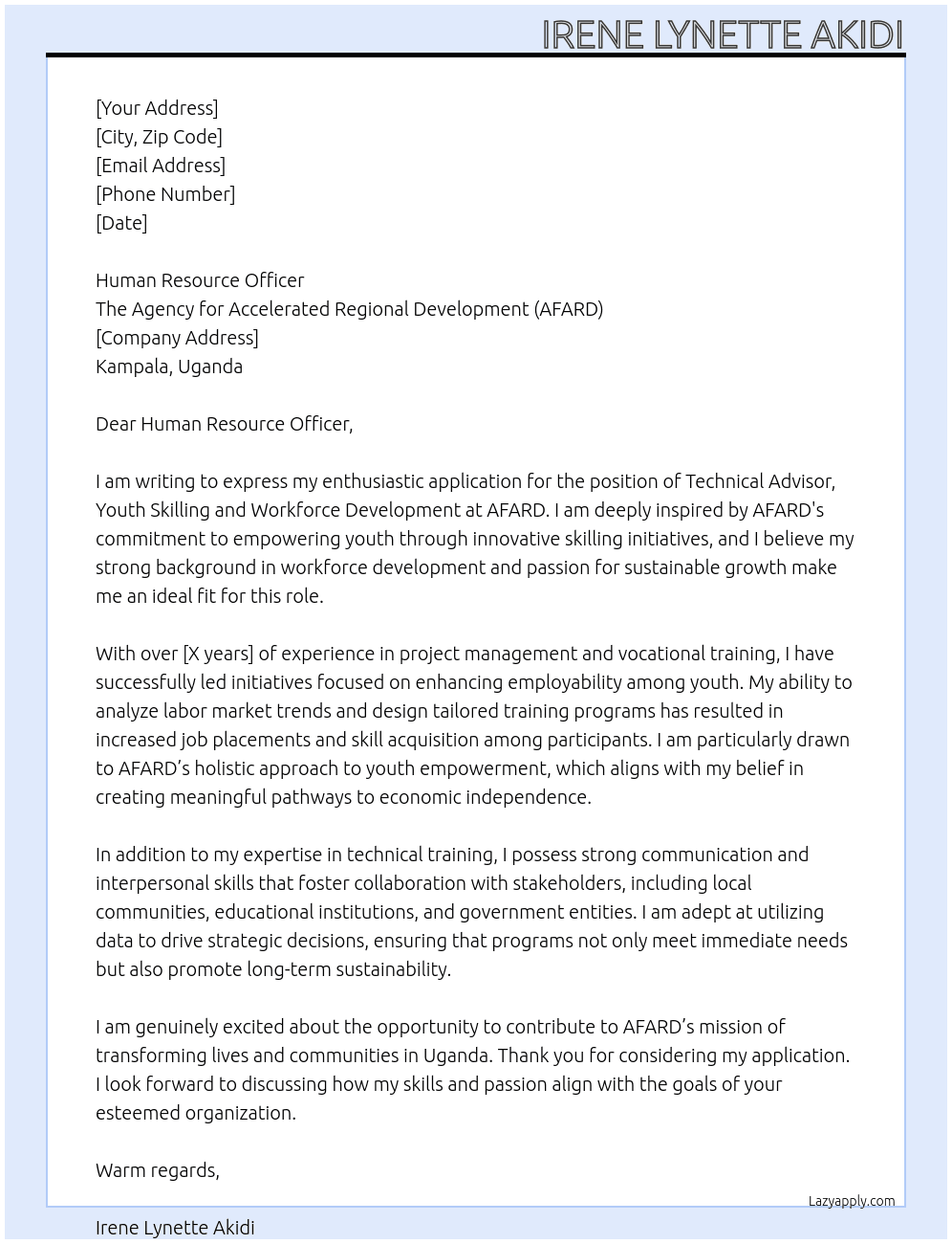 Technical Advisor, Youth Skiilling and Workforce Development At The Agency for Accelerated Regional Development (AFARD) Cover Letter