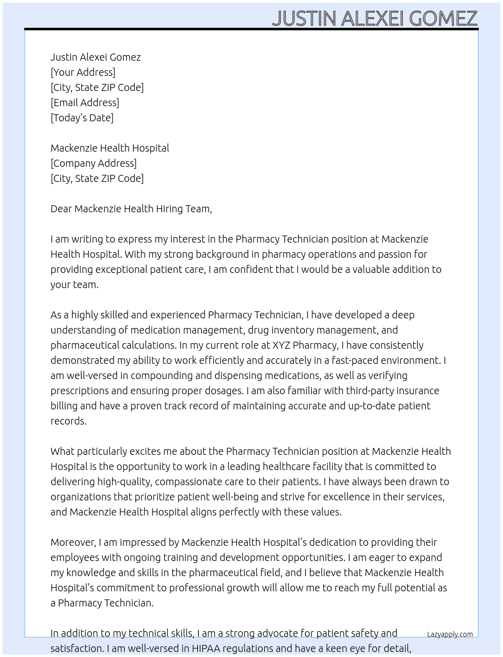 Pharmacy Technician At Mackenzie Health Hospital Cover Letter