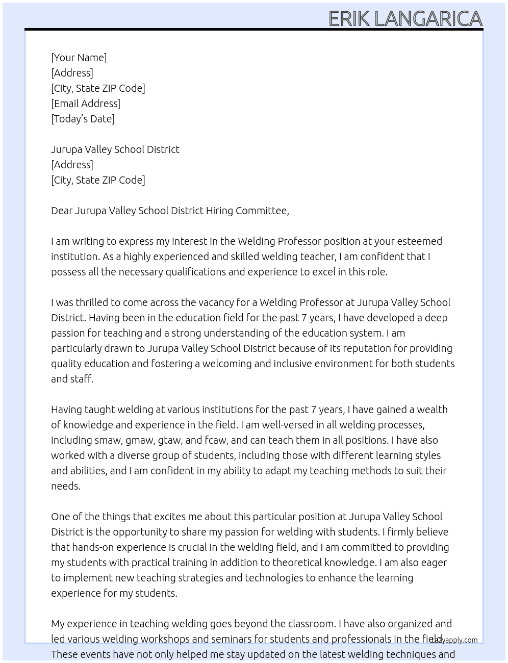 Welding Professor At Jurupa Valley School District Cover Letter