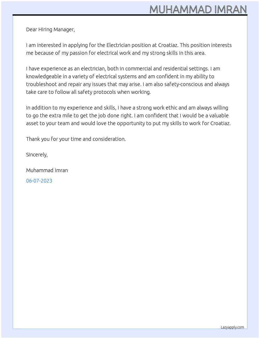 Electrician At Croatiaz Cover Letter