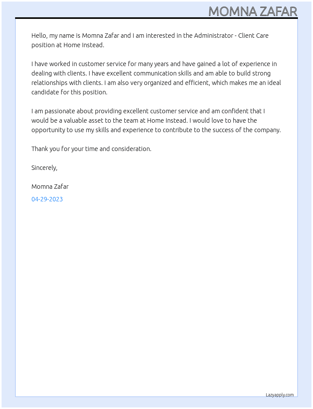 Administrator - Client Care At home instead Cover Letter