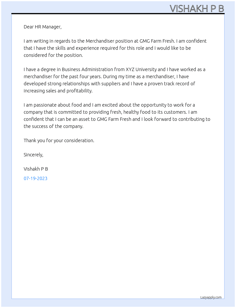 Merchandiser At GMG FARM FRESH Cover Letter
