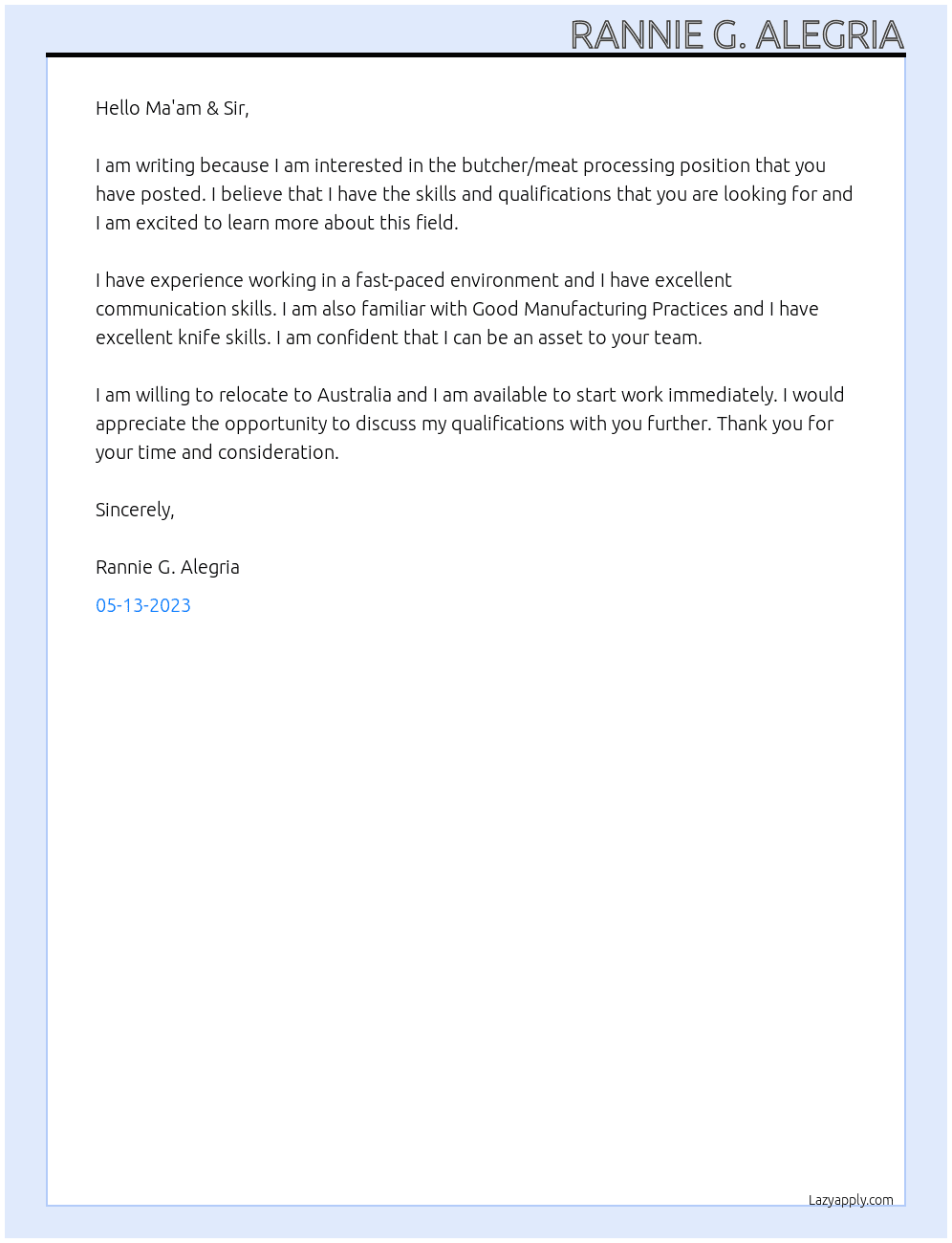 Butcher At Butcher/Meat Processing Cover Letter