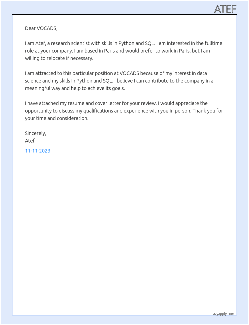 Research scientist At VOCADS Cover Letter