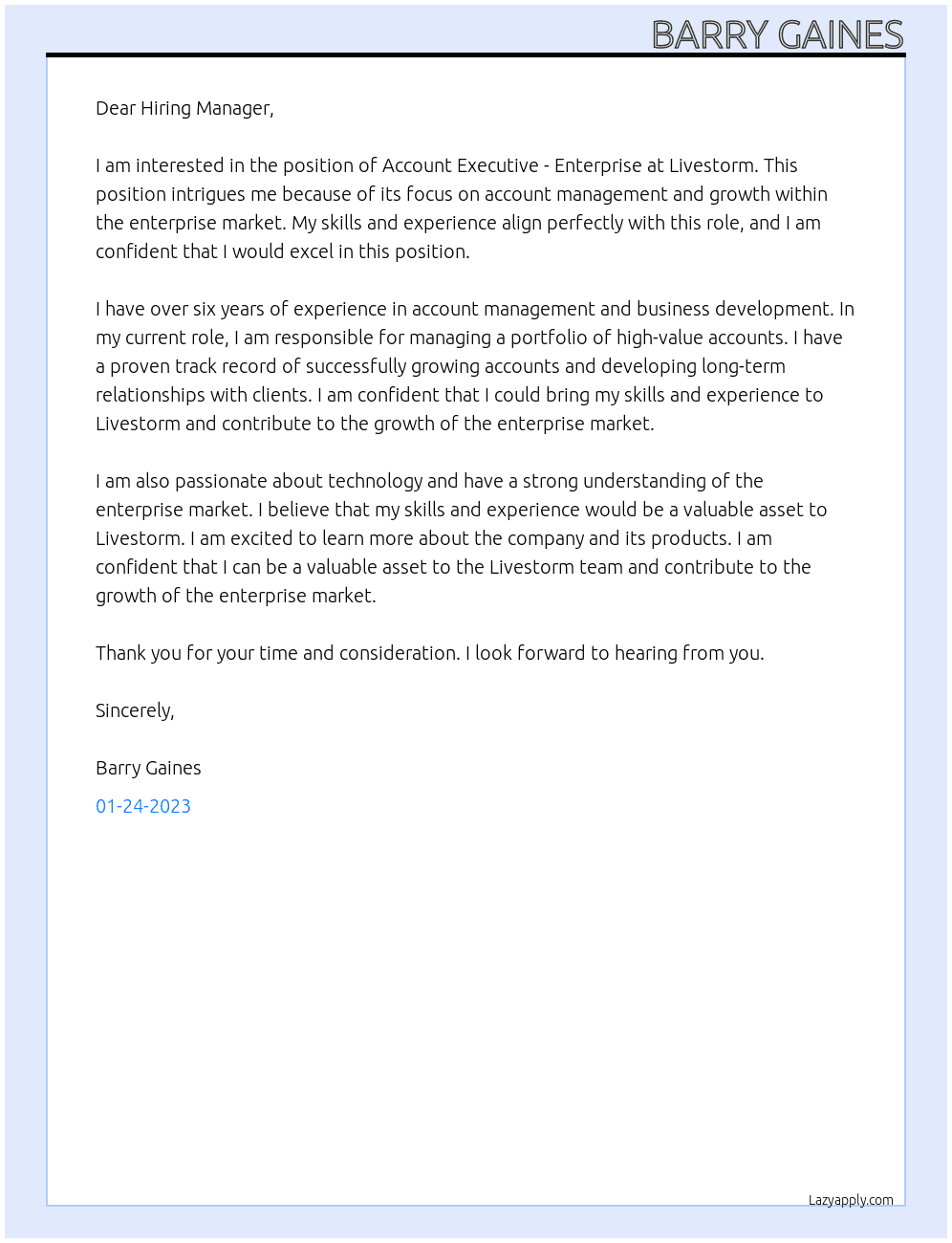 Account Executive - Enterprise At Livestorm Cover Letter