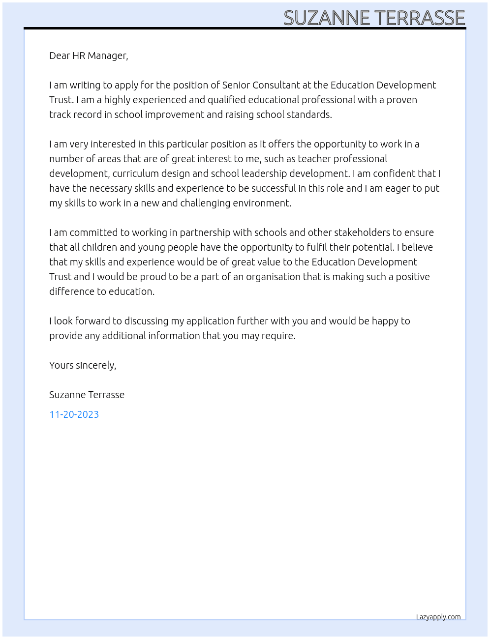 Senior Contultant At Education Development Trust Cover Letter