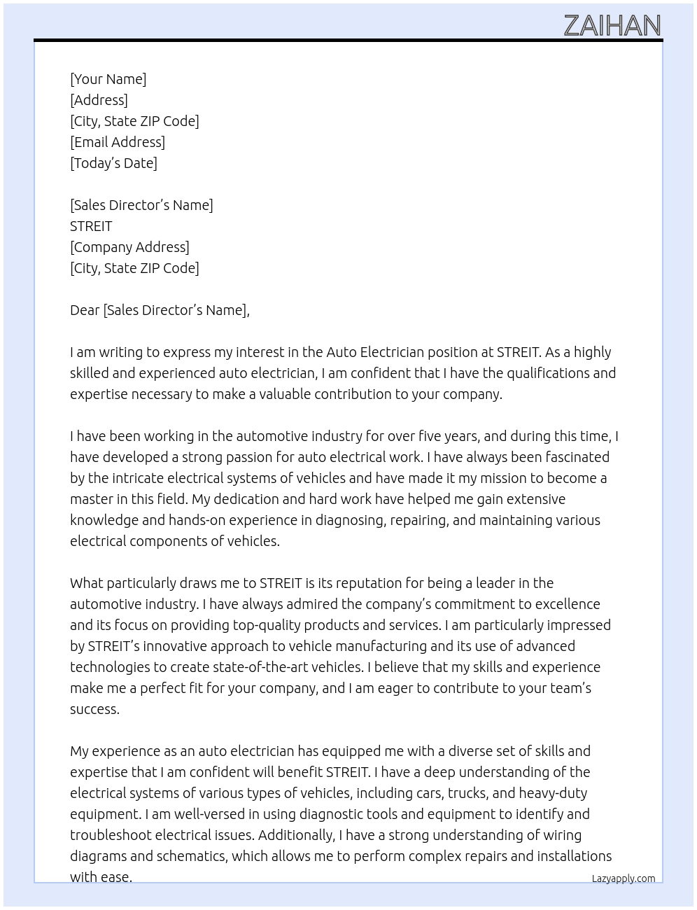 Auto electrician At STREIT Cover Letter