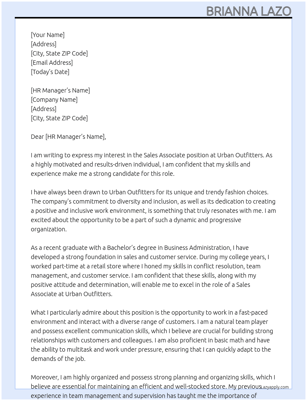 Sales Associate  At Urban outfitters  Cover Letter