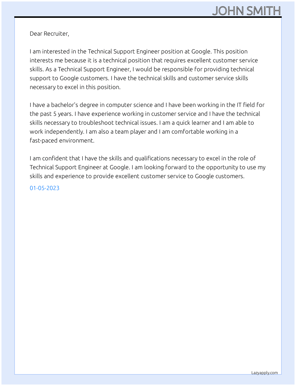 Technical Support Engineer At Goolge Cover Letter
