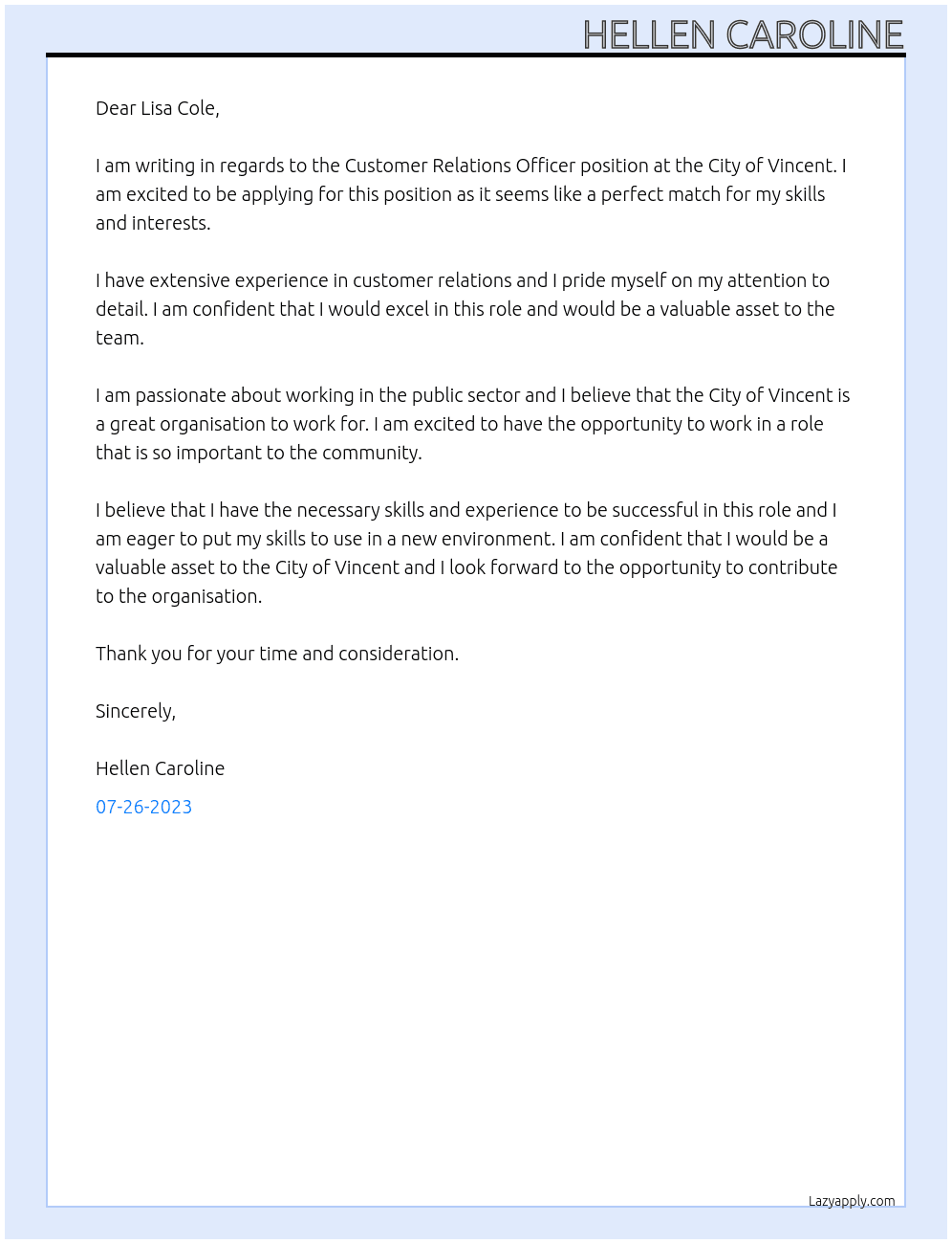 Customer Relations Officer At City of Vincent Cover Letter