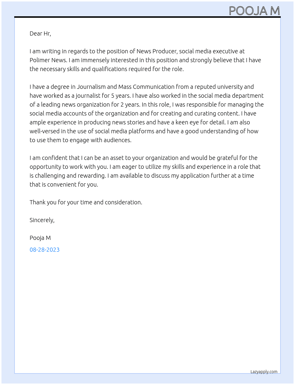 News producer, social media executive At Polimer News Cover Letter