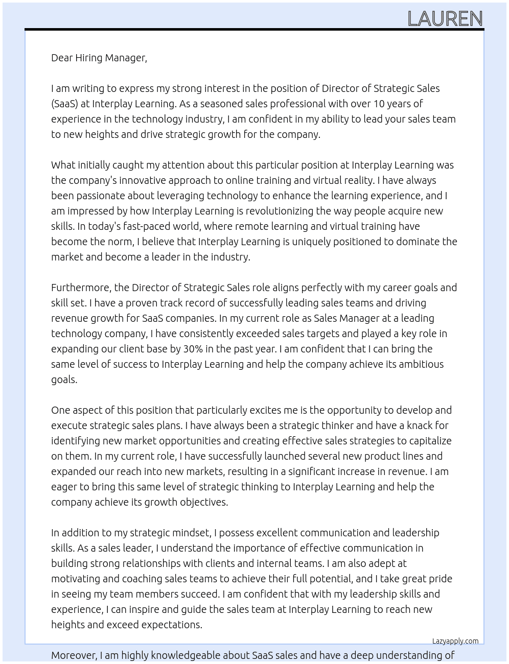 Director of Strategic Sales (Saas) At Interplay Learning Cover Letter