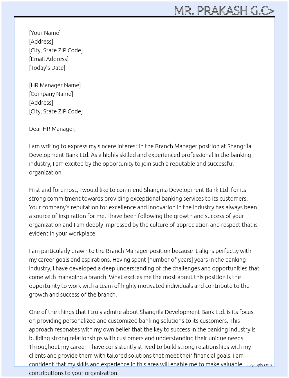 Branch Manager  At Shangrila Development Bank Ltd. Cover Letter