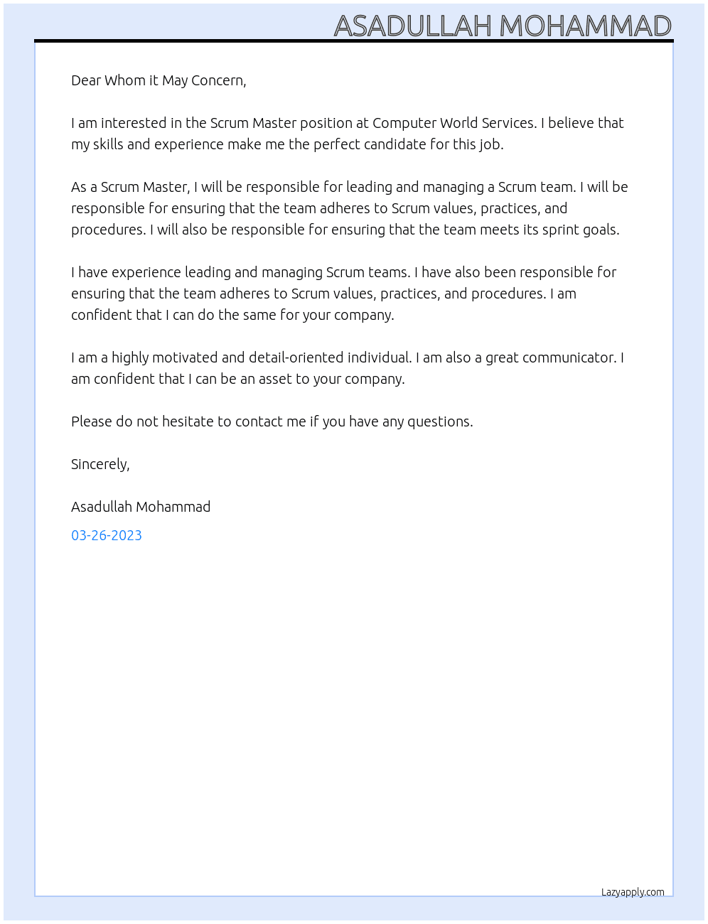 Scrum Master At Computer World Services   Cover Letter