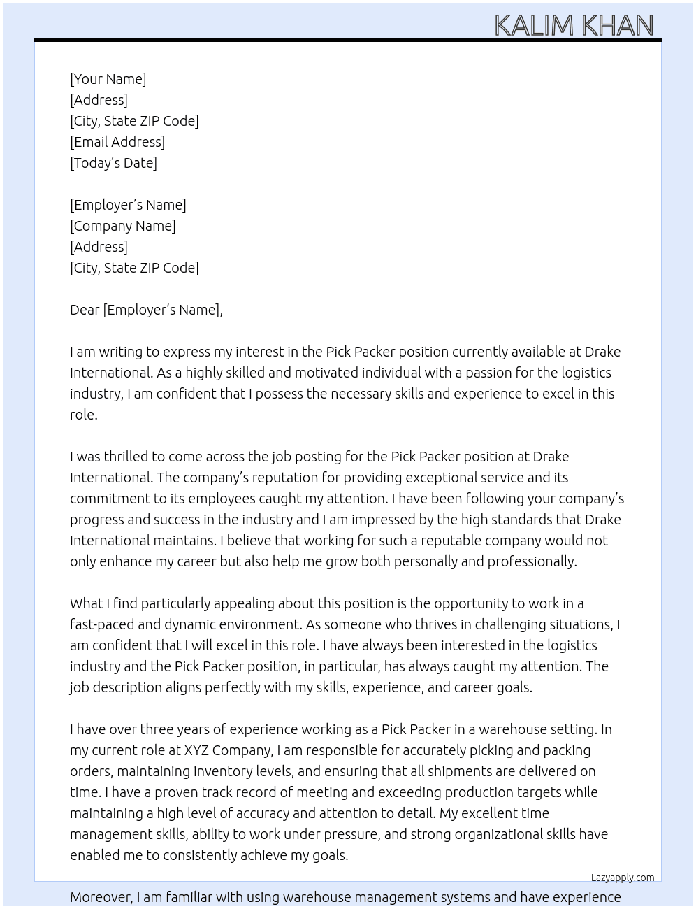 Pick packer At Drake international  Cover Letter
