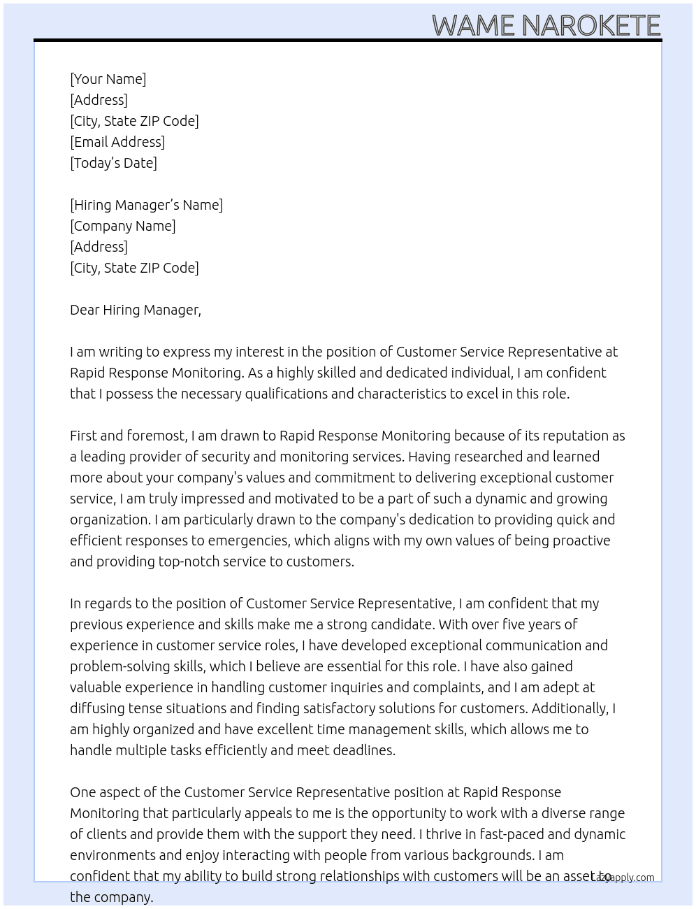 Customer Service Representative At Rapid Response Monitoring Cover Letter