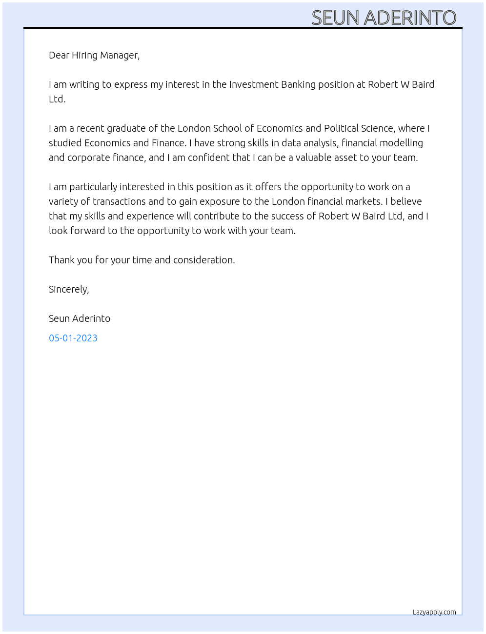 Investment  banking At Robert  W Baird  Ltd  Cover Letter