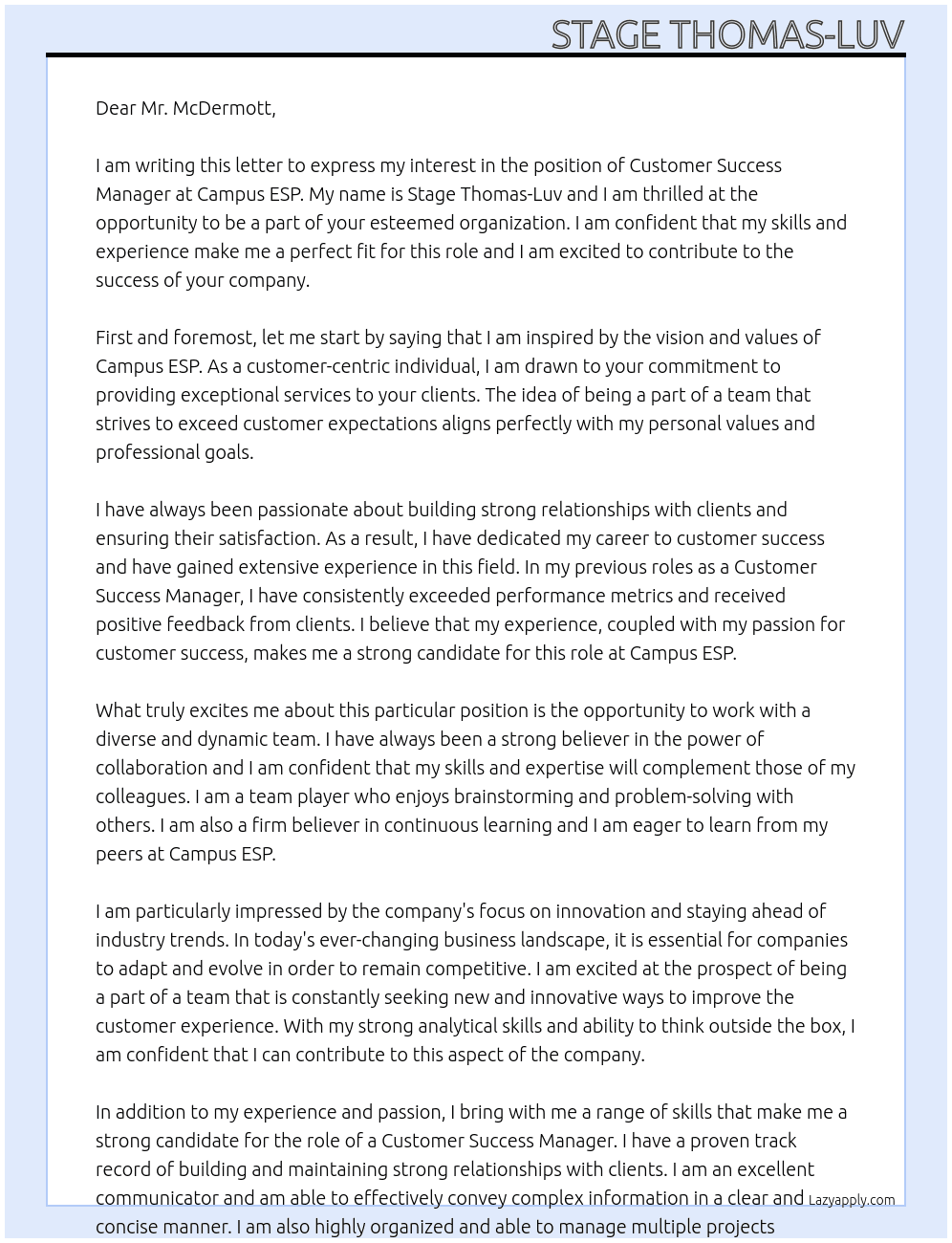 Customer Success Manager At Campus ESP Cover Letter
