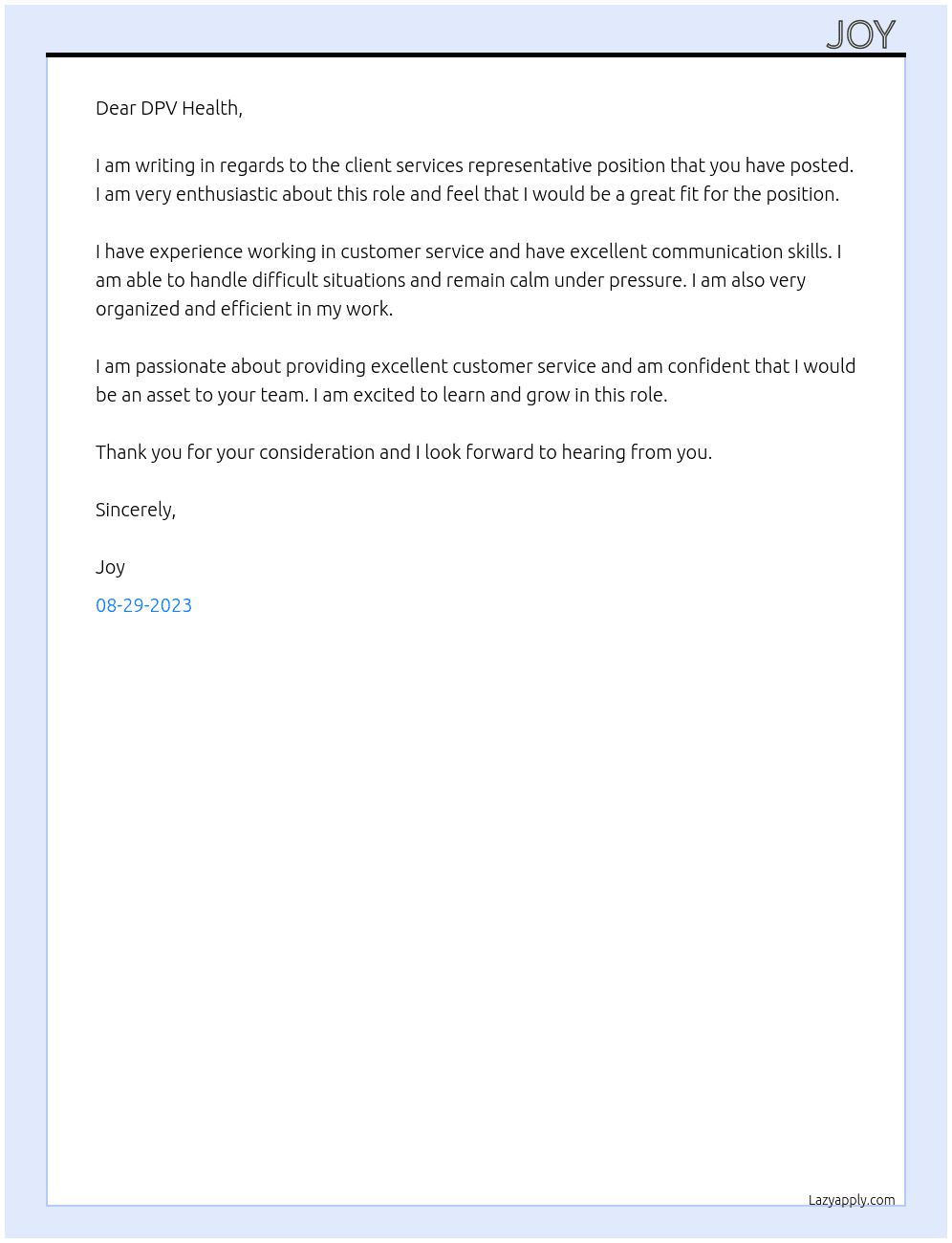 client services representative At DPV Health Cover Letter