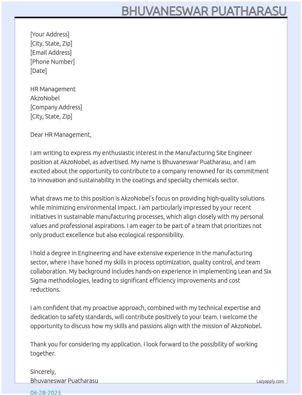 Manufacturing Site Engineer At AkzoNobel Cover Letter