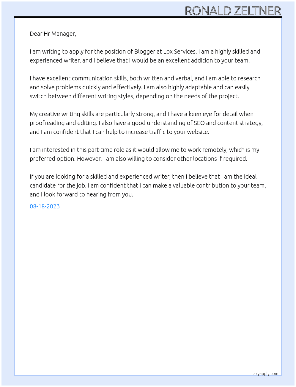 Blogger At Lox Services Cover Letter