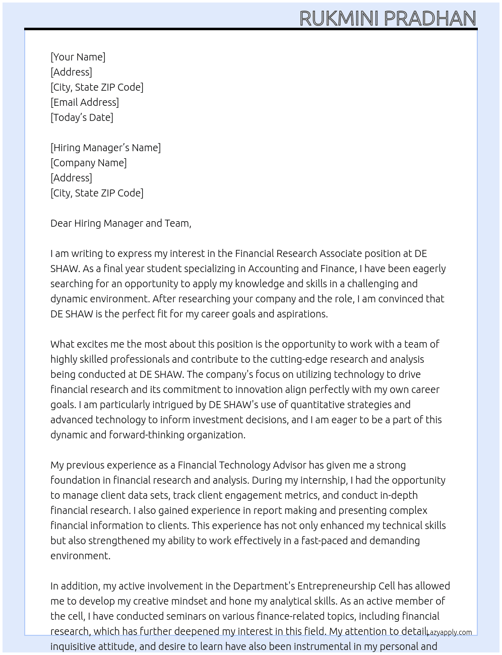 FINANCIAL RESEARCH ASSOCIATE At DE SHAW  Cover Letter