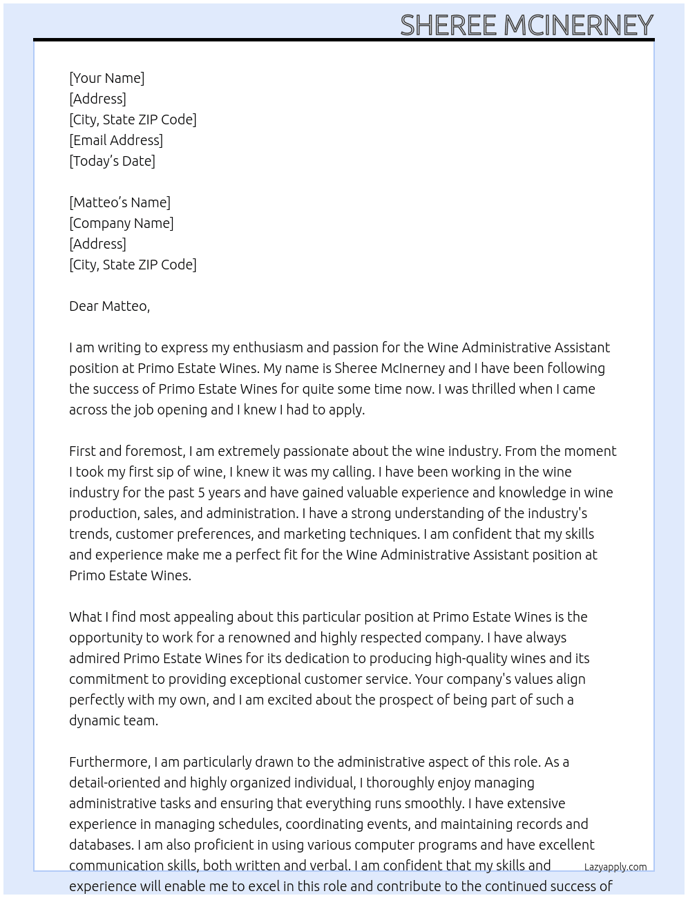 Wine Administrative Assistant At Primo Estate Wines Cover Letter