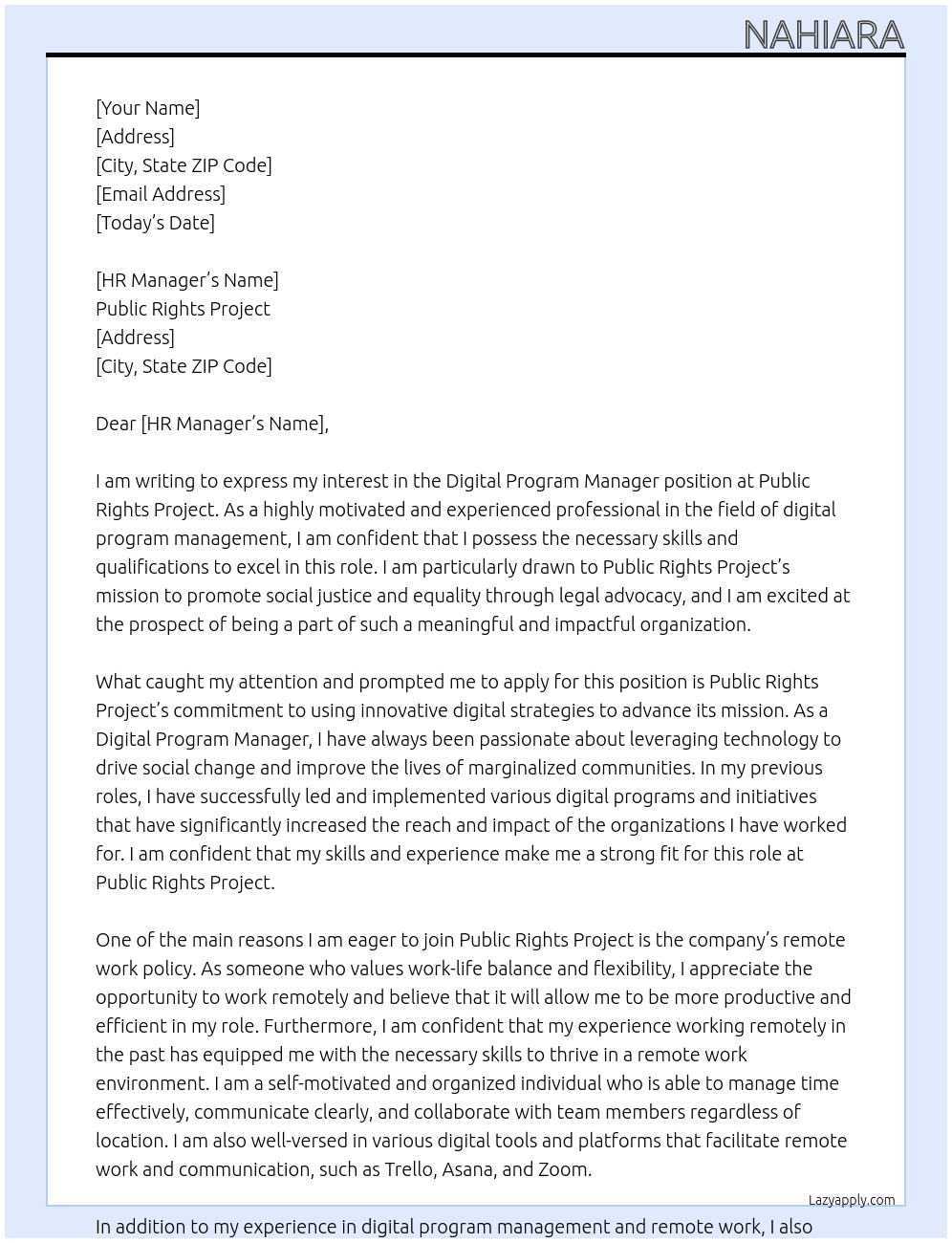 Digital Program Manager At Public Rights Project Cover Letter