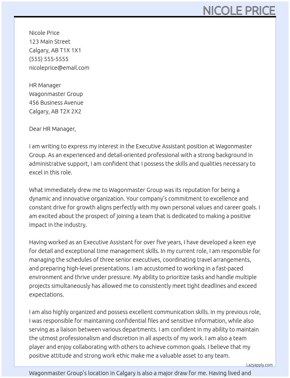 Executive Assistant At Wagonmaster Group Cover Letter