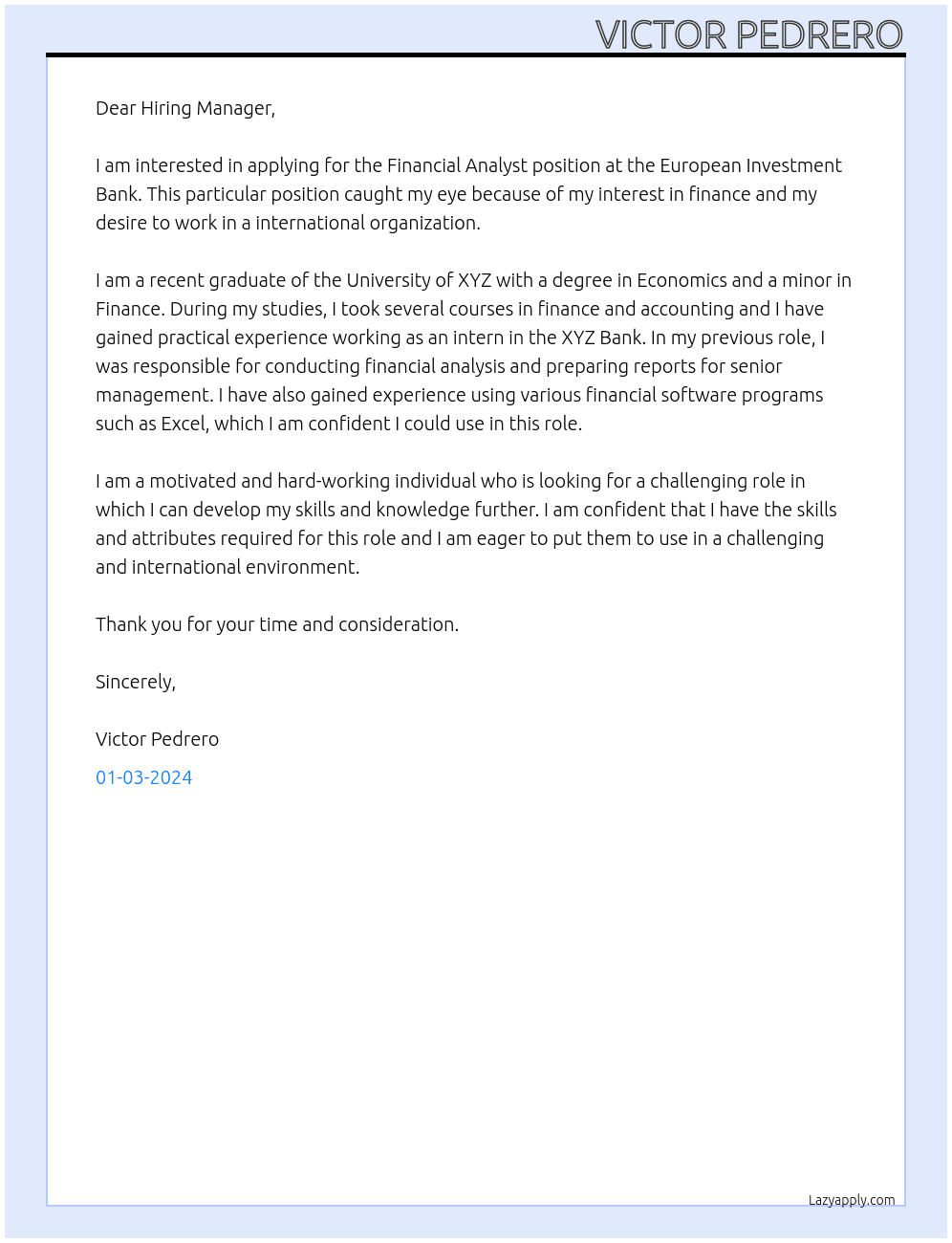 Financial Analyst At European Investment Bank Cover Letter
