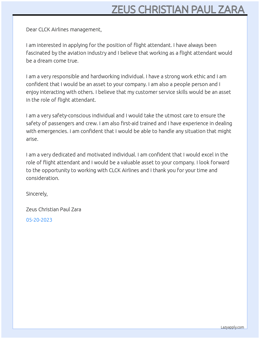 Flight attendant  At CLCK Airlines  Cover Letter