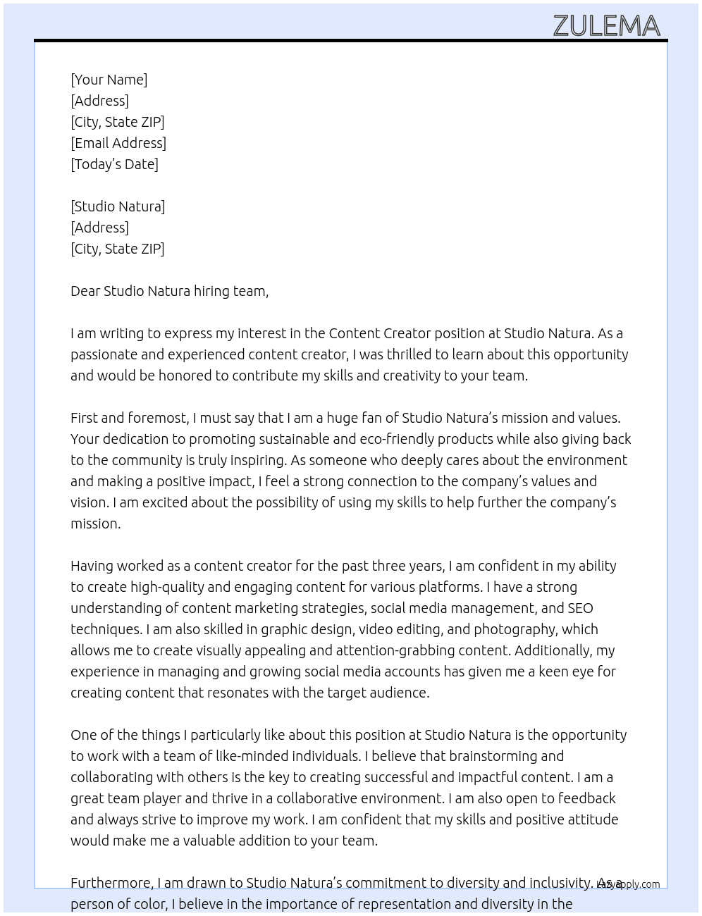 content creator At Studio Natura Cover Letter