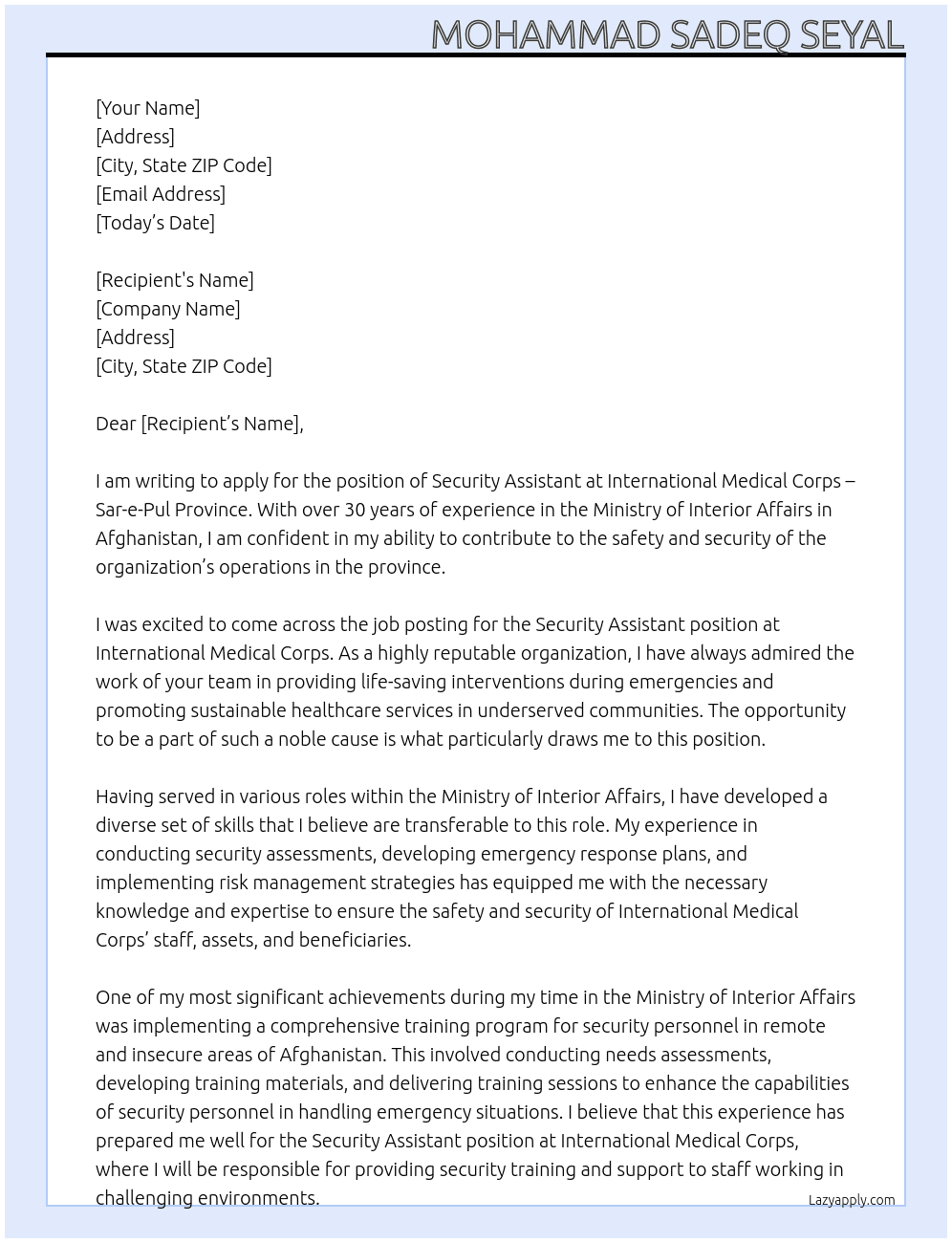 Security Assistant At International Medical Corps Cover Letter